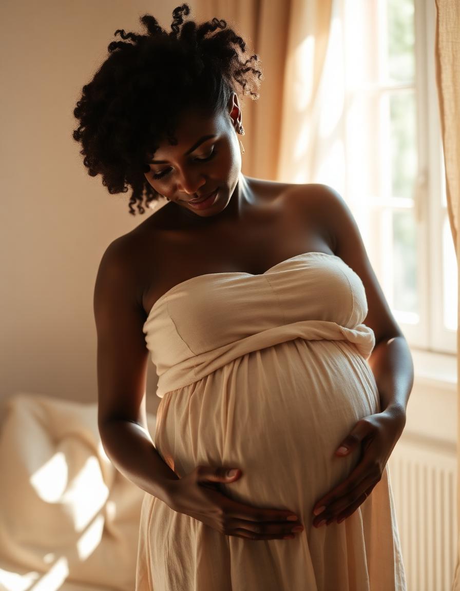 An expectant mother resting her hands on her belly in soft window light